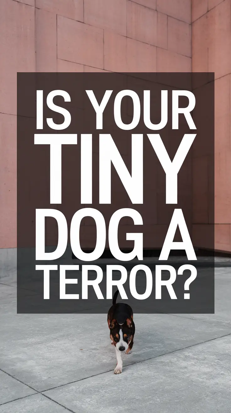 Big text overlay saying: Is Your Tiny Dog a Terror?. It's designed to immediately grab attention with its thick, distinctive lettering set prominently in a big dark colored box, utilizing a simple yet striking bold white color for the text.