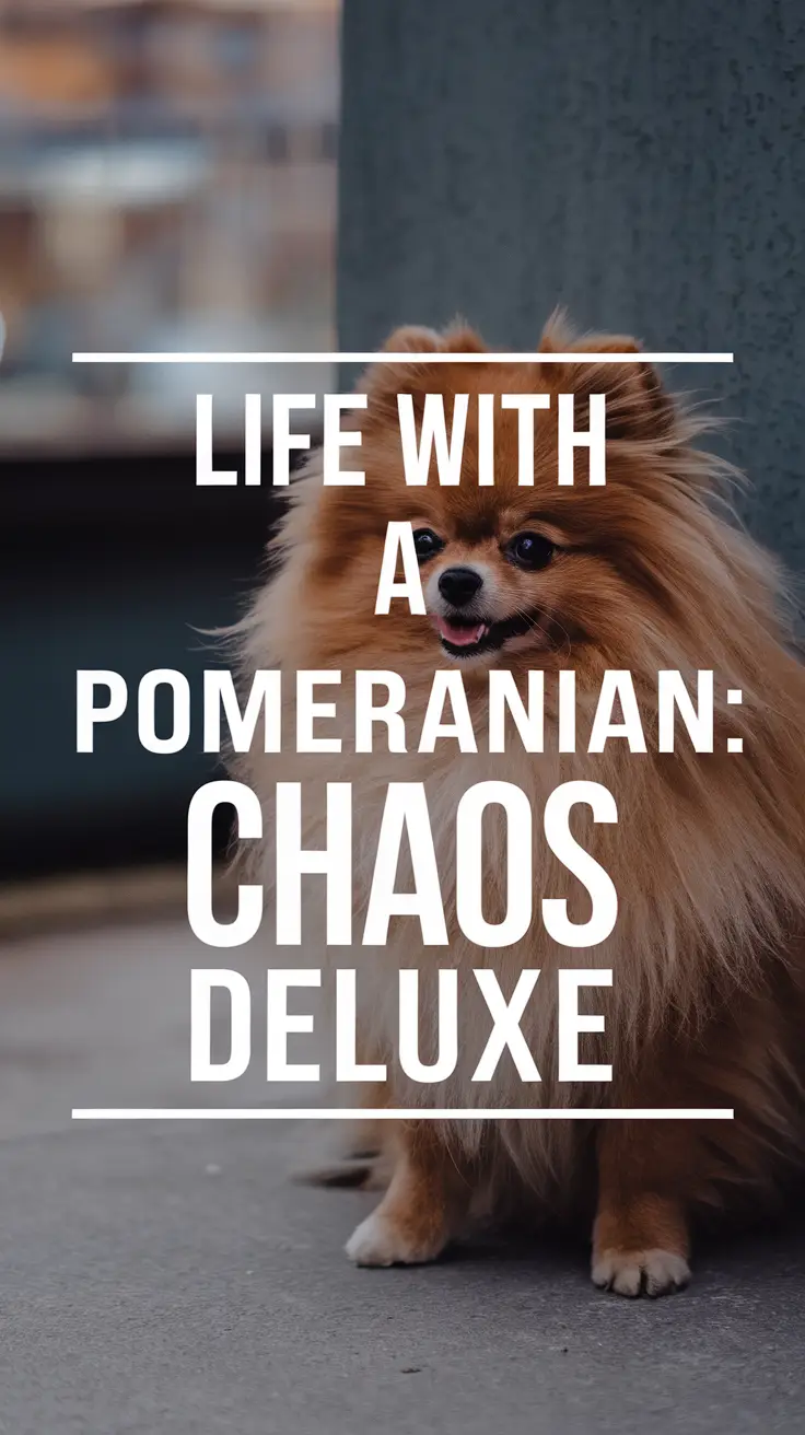Life with a Pomeranian: Chaos Deluxe — a bold, attention-grabbing design featuring thick, distinctive white lettering over a big dark-colored box, set against a realistic backdrop.