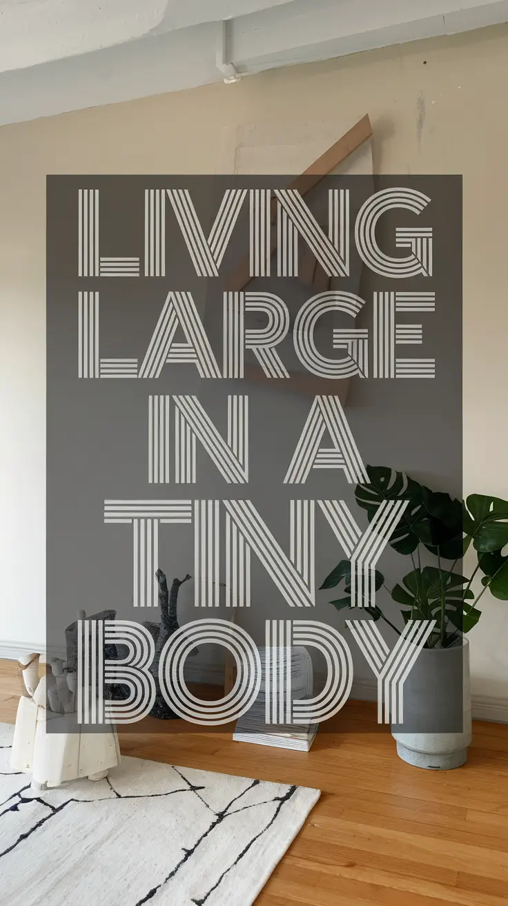 Big text overlay saying: Living Large in a Tiny Body. It's designed to immediately grab attention with its thick, distinctive lettering set prominently in a big dark colored box, utilizing a simple yet striking bold white color for the text.