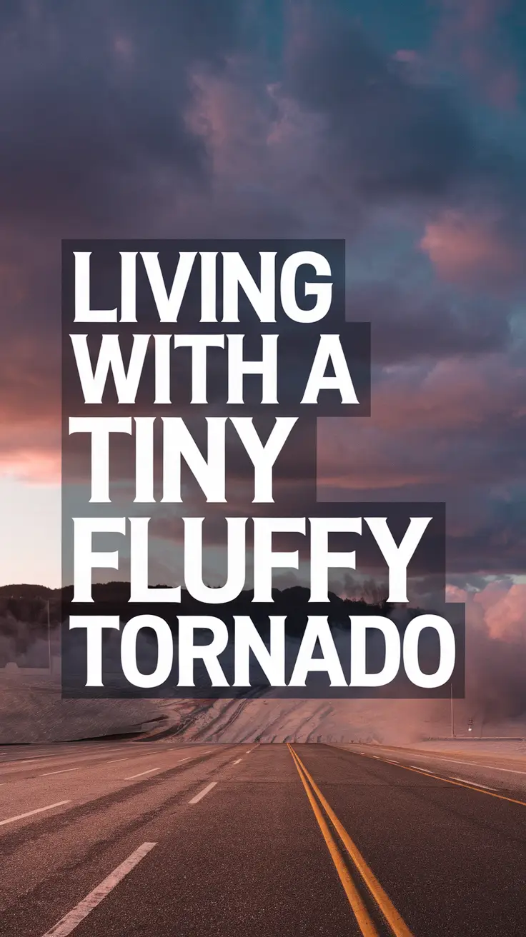 Big text overlay saying: Living with a tiny fluffy tornado. It's designed to immediately grab attention with its thick, distinctive lettering set prominently in a big dark colored box, utilizing a simple yet striking bold white color for the text.