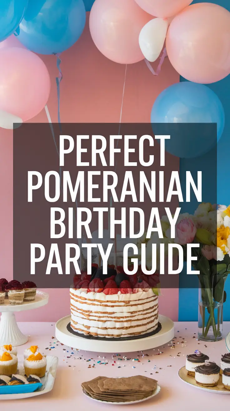Perfect Pomeranian Birthday Party Guide with bold white lettering prominently displayed in a thick dark box, designed for high visual impact; realistic style composition.
