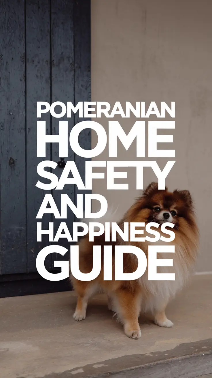 Big text overlay saying: Pomeranian Home Safety and Happiness Guide. It's designed to immediately grab attention with its thick, distinctive lettering set prominently in a big dark colored box, utilizing a simple yet striking bold white color for the text.