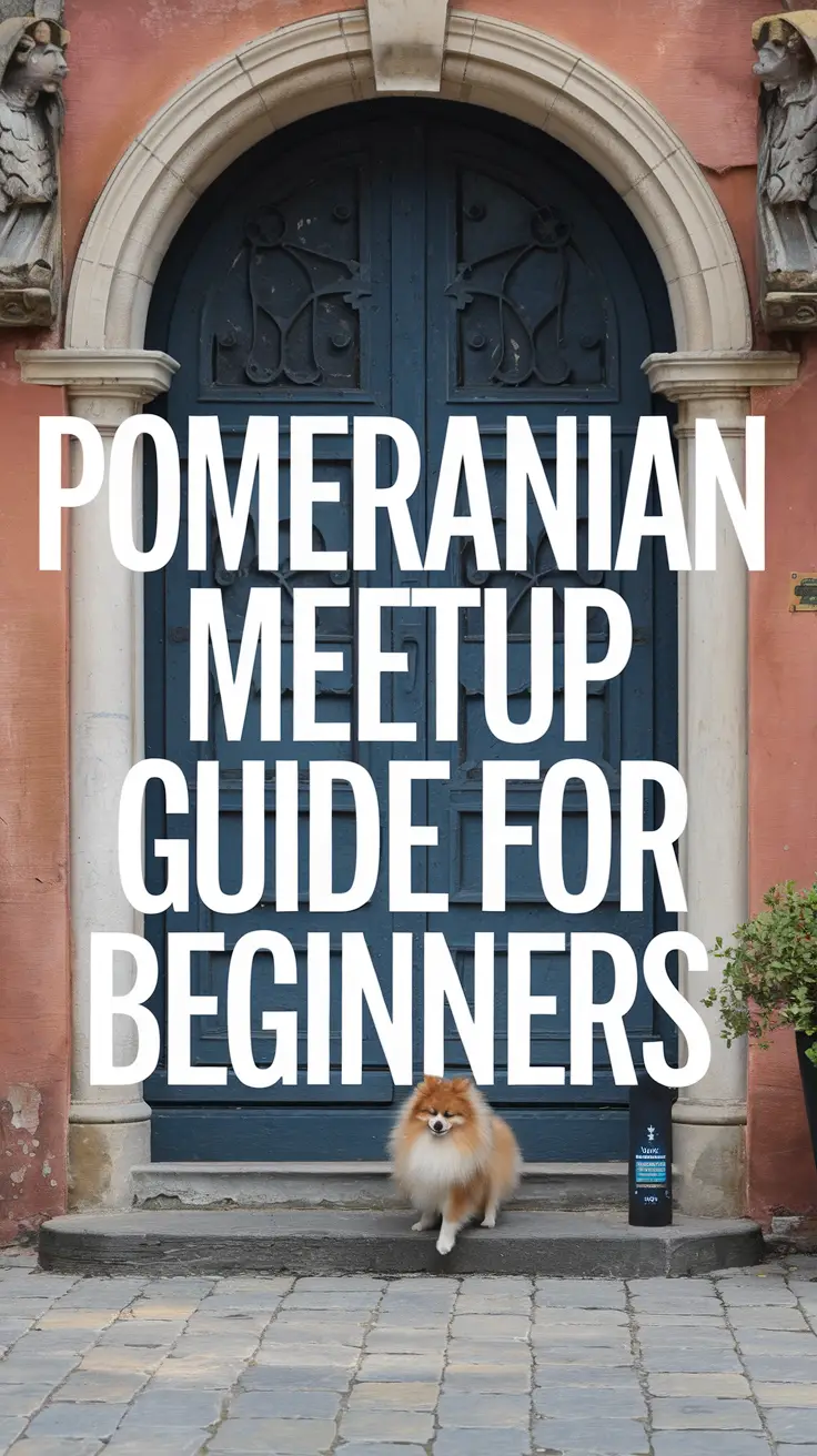 Big text overlay saying: Pomeranian Meetup Guide for Beginners. It's designed to immediately grab attention with its thick, distinctive lettering set prominently in a big dark colored box, utilizing a simple yet striking bold white color for the text.