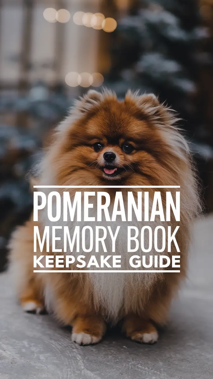Big text overlay saying: Pomeranian Memory Book Keepsake Guide. It's designed to immediately grab attention with its thick, distinctive lettering set prominently in a big dark colored box, utilizing a simple yet striking bold white color for the text.