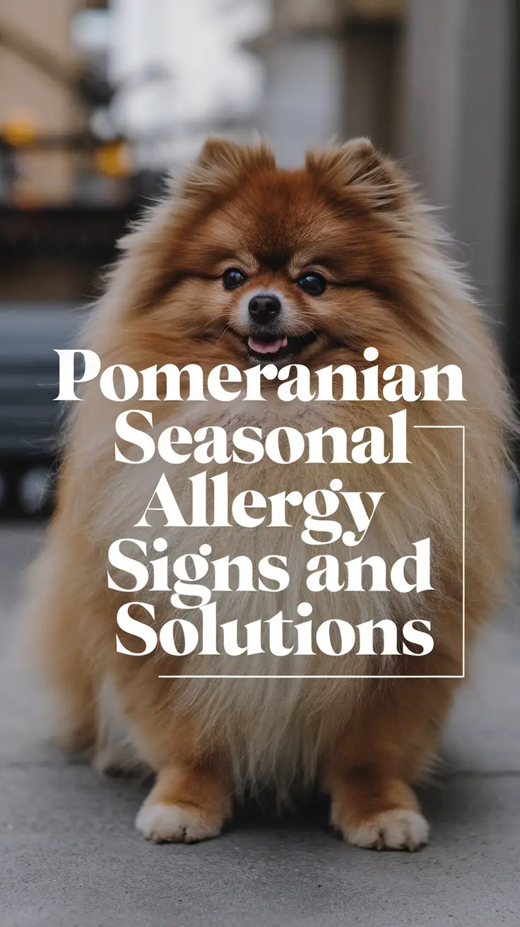 Pomeranian seasonal allergy signs and solutions displayed in bold white text on a dark box background, designed to grab attention with thick, distinctive lettering in a realistic style.