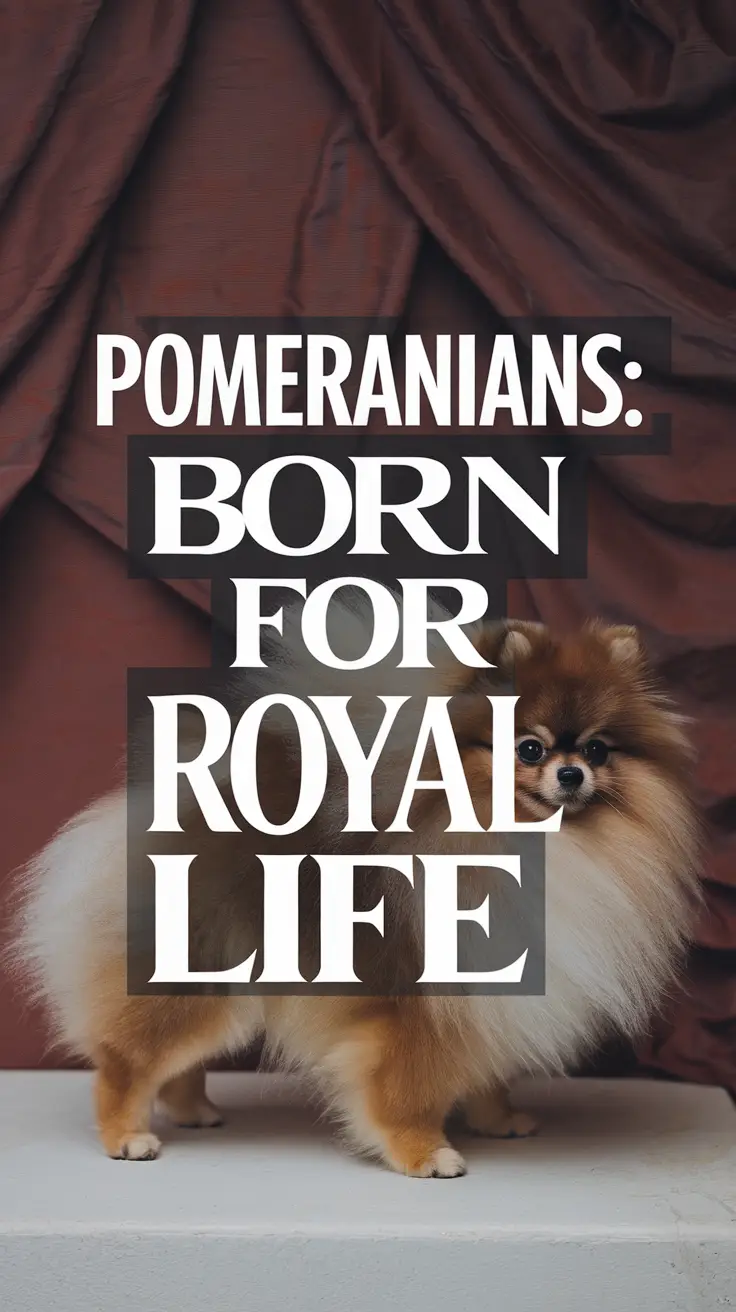 Big text overlay saying: Pomeranians: Born for Royal Life. It's designed to immediately grab attention with its thick, distinctive lettering set prominently in a big dark colored box, utilizing a simple yet striking bold white color for the text.