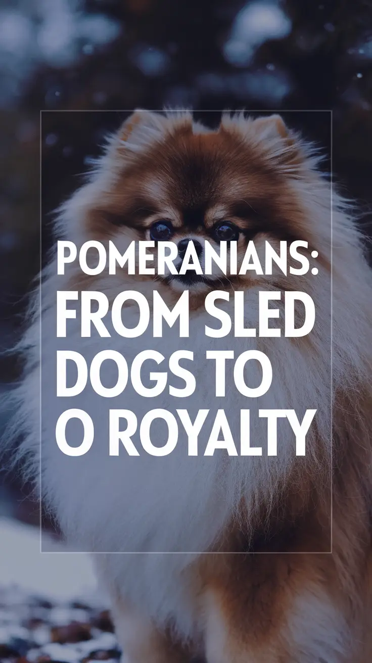 Pomeranians: From Sled Dogs to Royalty with thick, distinctive bold white text prominently displayed in a large dark-colored box, designed to grab attention using a simple yet striking design style in a realistic visual format.