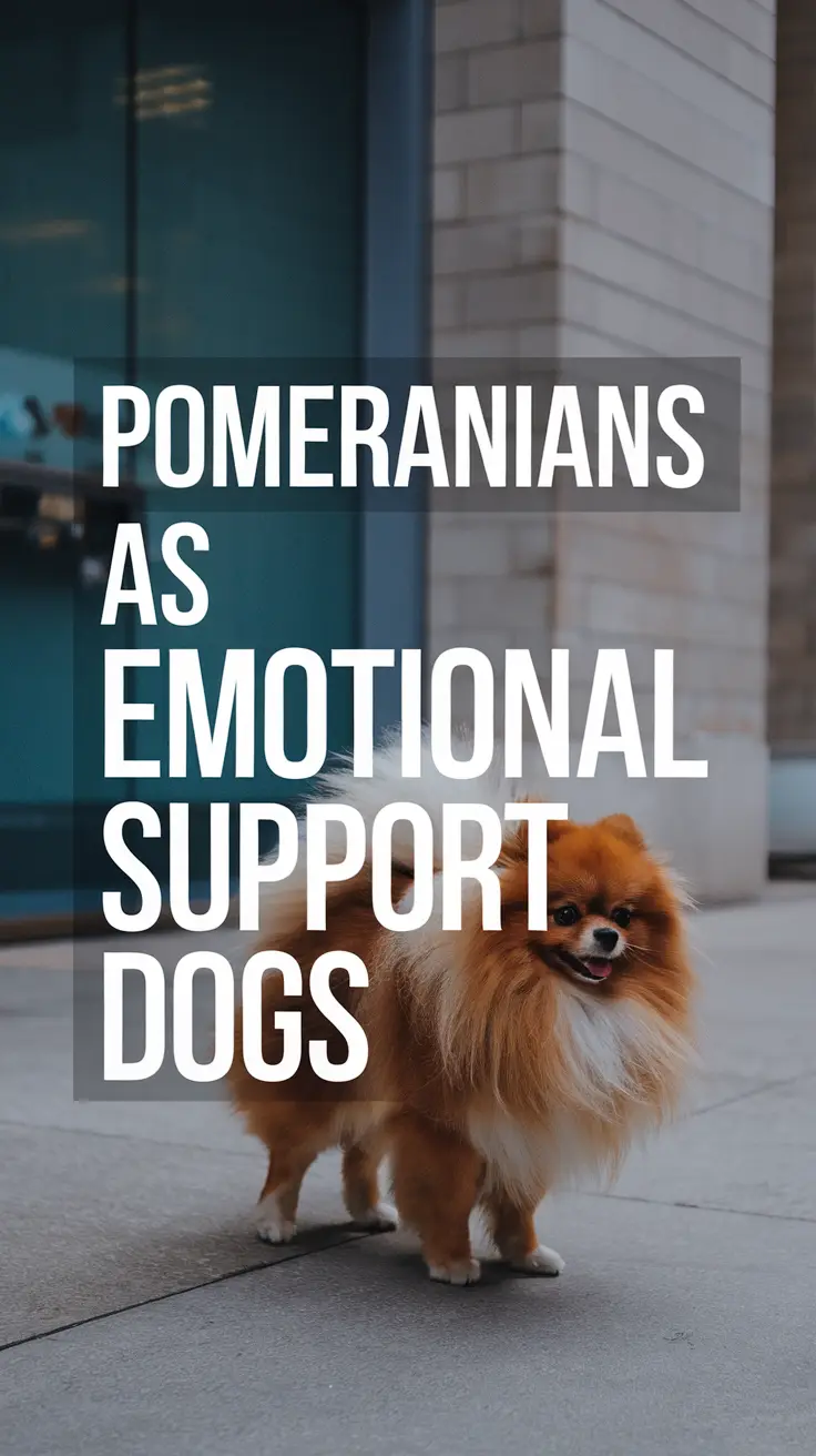 Big text overlay saying: Pomeranians as Emotional Support Dogs. It's designed to immediately grab attention with its thick, distinctive lettering set prominently in a big dark colored box, utilizing a simple yet striking bold white color for the text.