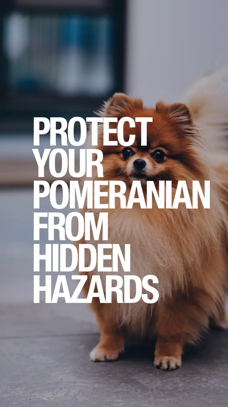 Protect Your Pomeranian from Hidden Hazards with bold white text in large thick letters inside a dark box, designed to immediately grab attention, styled in a realistic format.