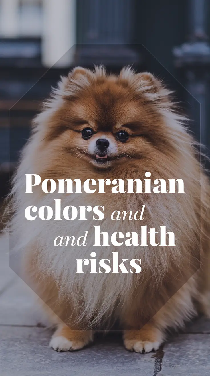 Big text overlay saying: Rarest Pomeranian Colors and Health Risks. It's designed to immediately grab attention with its thick, distinctive lettering set prominently in a big dark colored box, utilizing a simple yet striking bold white color for the text.
