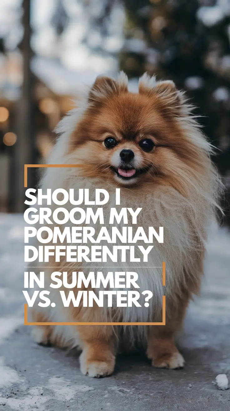 Big text overlay saying: Should I Groom My Pomeranian Differently in Summer vs. Winter?. It's designed to immediately grab attention with its thick, distinctive lettering set prominently in a big dark colored box, utilizing a simple yet striking bold white color for the text.