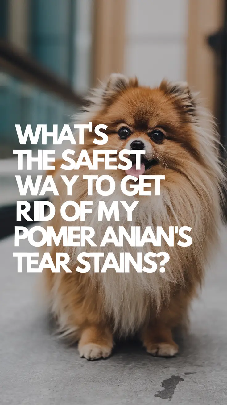 Big text overlay saying: What’s the Safest Way to Get Rid of My Pomeranian’s Tear Stains?. It's designed to immediately grab attention with its thick, distinctive lettering set prominently in a big dark colored box, utilizing a simple yet striking bold white color for the text.