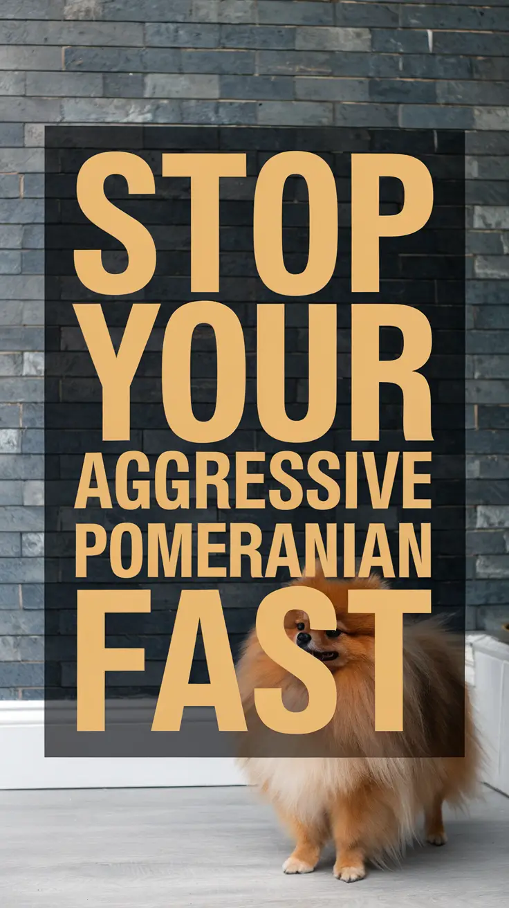 Big text overlay saying: Stop Your Aggressive Pomeranian Fast. It's designed to immediately grab attention with its thick, distinctive lettering set prominently in a big dark colored box, utilizing a simple yet striking bold white color for the text.