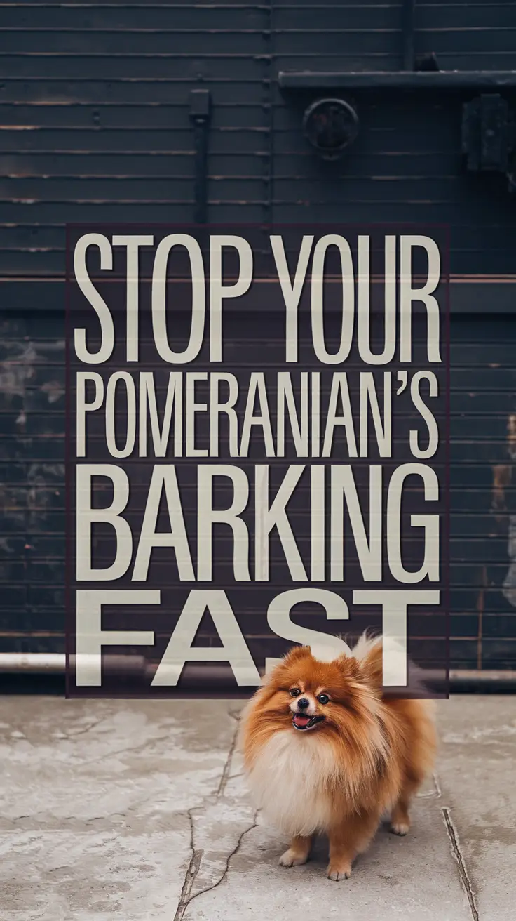 Big text overlay saying: Stop Your Pomeranian's Barking Fast. It's designed to immediately grab attention with its thick, distinctive lettering set prominently in a big dark colored box, utilizing a simple yet striking bold white color for the text.