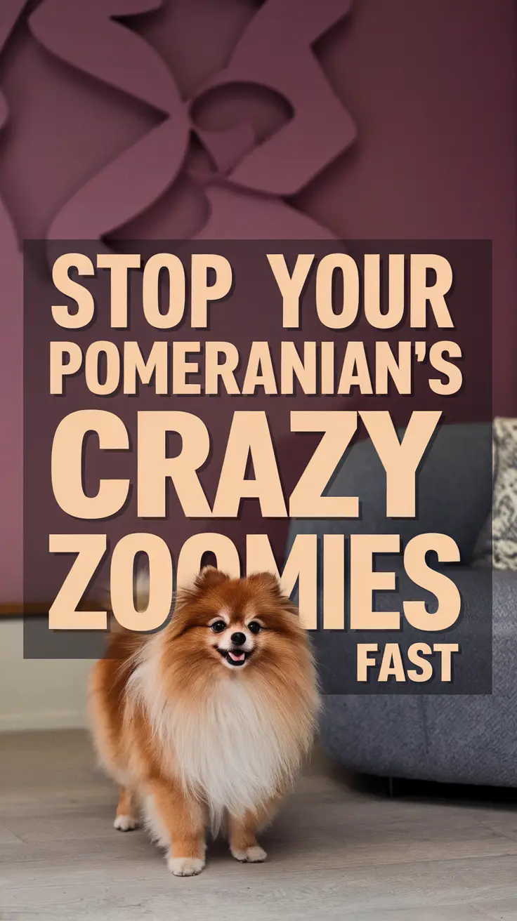 Big text overlay saying: Stop Your Pomeranian's Crazy Zoomies Fast. It's designed to immediately grab attention with its thick, distinctive lettering set prominently in a big dark colored box, utilizing a simple yet striking bold white color for the text.