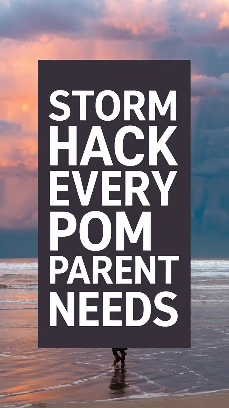 Big text overlay saying: Storm Hack Every Pom Parent Needs. It's designed to immediately grab attention with its thick, distinctive lettering set prominently in a big dark colored box, utilizing a simple yet striking bold white color for the text.