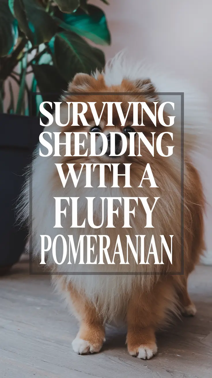 Surviving Shedding With a Fluffy Pomeranian – bold white text in thick, attention-grabbing lettering over a dark-colored box, placed on a realistic background; designed to visually highlight the challenges of grooming a fluffy dog breed.