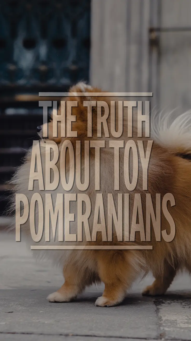 Big text overlay saying: The Truth About Toy Pomeranians. It's designed to immediately grab attention with its thick, distinctive lettering set prominently in a big dark colored box, utilizing a simple yet striking bold white color for the text.
