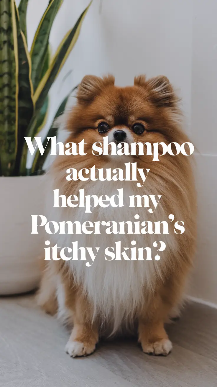 Big text overlay saying: What Shampoo Actually Helped My Pomeranian’s Itchy Skin? It's designed to immediately grab attention with its thick, distinctive lettering set prominently in a big dark colored box, utilizing a simple yet striking bold white color for the text.