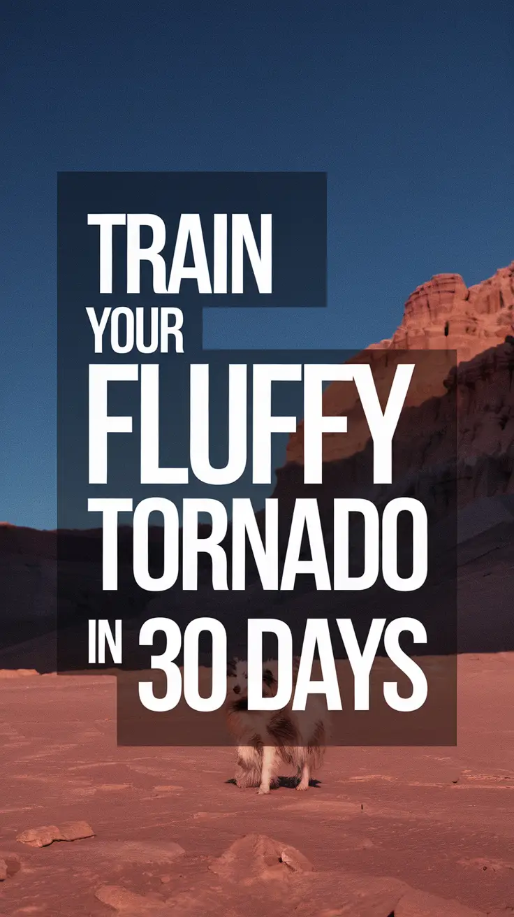 Big text overlay saying: Train Your Fluffy Tornado in 30 Days. It's designed to immediately grab attention with its thick, distinctive lettering set prominently in a big dark colored box, utilizing a simple yet striking bold white color for the text.