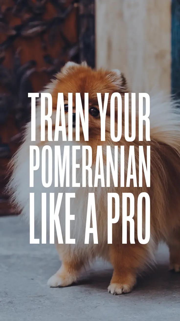 Big text overlay that says "Train Your Pomeranian Like a Pro" in thick, bold white letters centered in a large dark-colored box, designed for high visual impact and attention-grabbing appeal.
