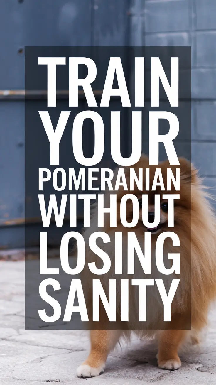 Big text overlay saying: Train Your Pomeranian Without Losing Sanity. It's designed to immediately grab attention with its thick, distinctive lettering set prominently in a big dark colored box, utilizing a simple yet striking bold white color for the text.