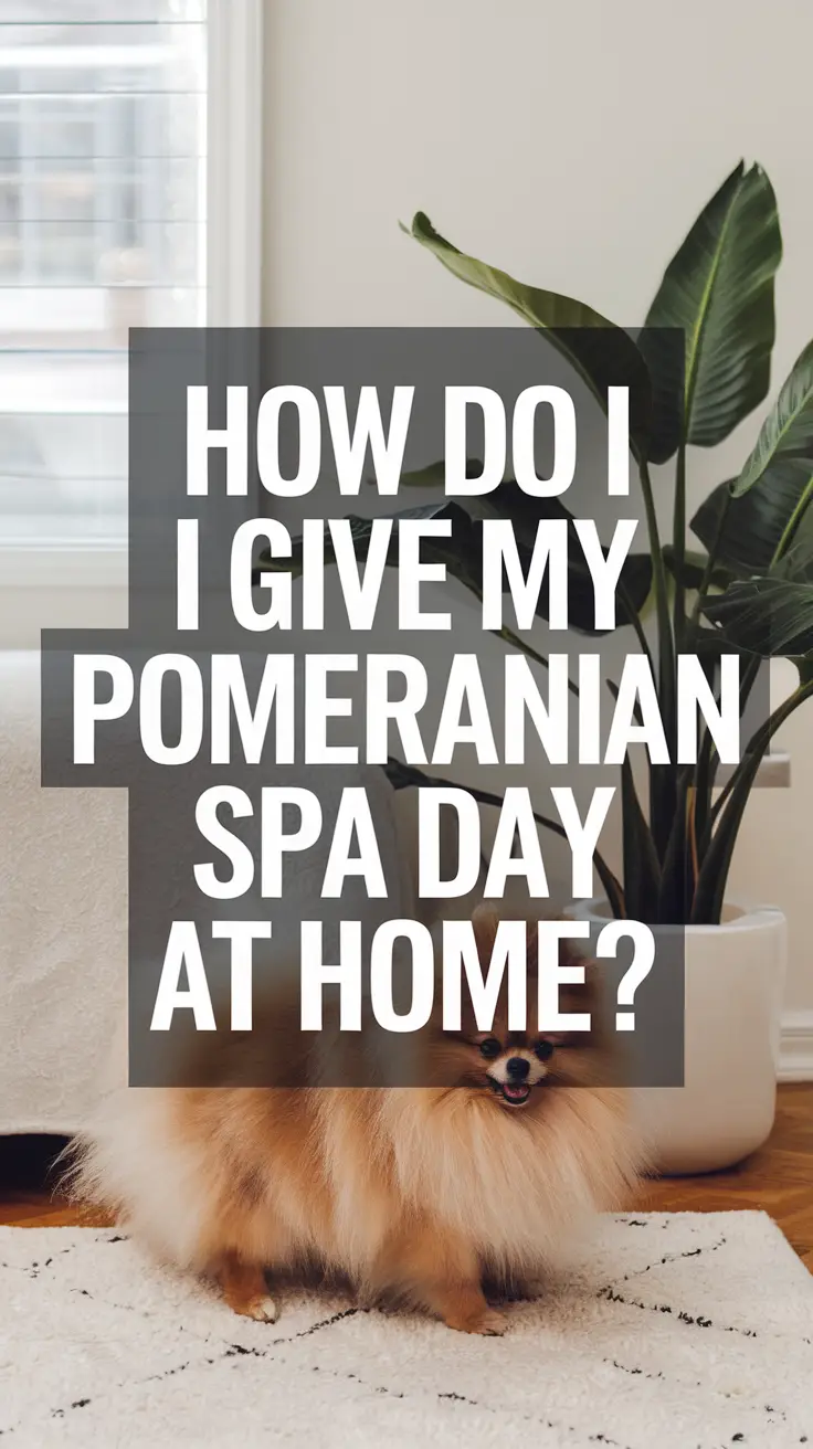 Big text overlay saying: How Do I Give My Pomeranian a Spa Day at Home?. It's designed to immediately grab attention with its thick, distinctive lettering set prominently in a big dark colored box, utilizing a simple yet striking bold white color for the text.