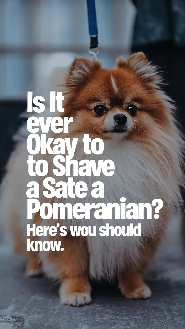 Big text overlay saying: Is It Ever Okay to Shave a Pomeranian? Here’s What You Should Know. It's designed to immediately grab attention with its thick, distinctive lettering set prominently in a big dark colored box, utilizing a simple yet striking bold white color for the text.