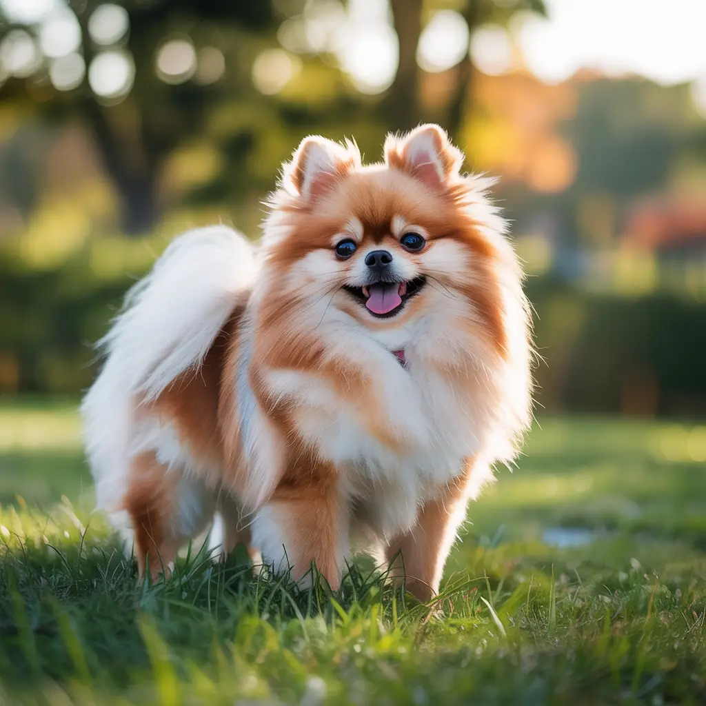 A stunning photograph of a Pomeranian, showcasing its physical characteristics related to luxating patella while highlighted under a sunny day's natural lighting.