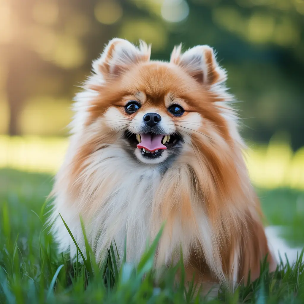Create an alt tag description for the image: "A detailed and clear photograph of a Pomeranian with an emphasis on its teeth, highlighting the importance of dental care. The scene is set on a sunny day, capturing the natural fur texture and bright eyes of the Pomeranian, with a focus on its small, delicate teeth."