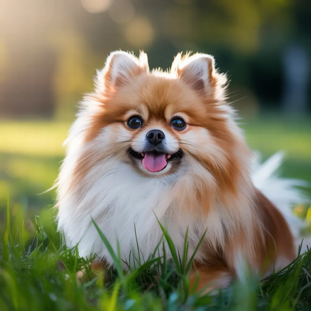 A stunning photograph of a Pomeranian in a natural setting on a sunny day, emphasizing the importance of noticing potential eye problems in the breed.