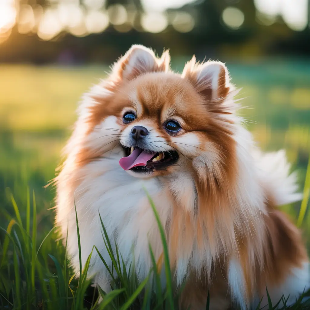 The image depicts a stunning photograph of a Pomeranian, focusing on allergies such as skin, food, and environmental triggers. The setting is a sunny day, providing a clear and natural backdrop. The Pomeranian is showcased without any added text or product advertisement elements, capturing its natural beauty and condition in relation to allergy concerns.