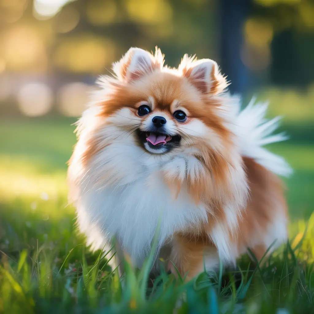 A stunning photograph of a Pomeranian in a sunlit outdoor setting on a clear, sunny day. The image captures the dog's fluffy coat and joyful expression against a lush green background, emphasizing the breed's playful and lively nature.