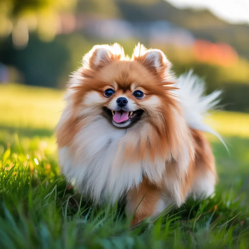 A stunning photograph of a Pomeranian with varied coat colors, captured on a sunny day. The image highlights the variations in the Pomeranian's price based on their color, with a focus on their unique and appealing appearance.