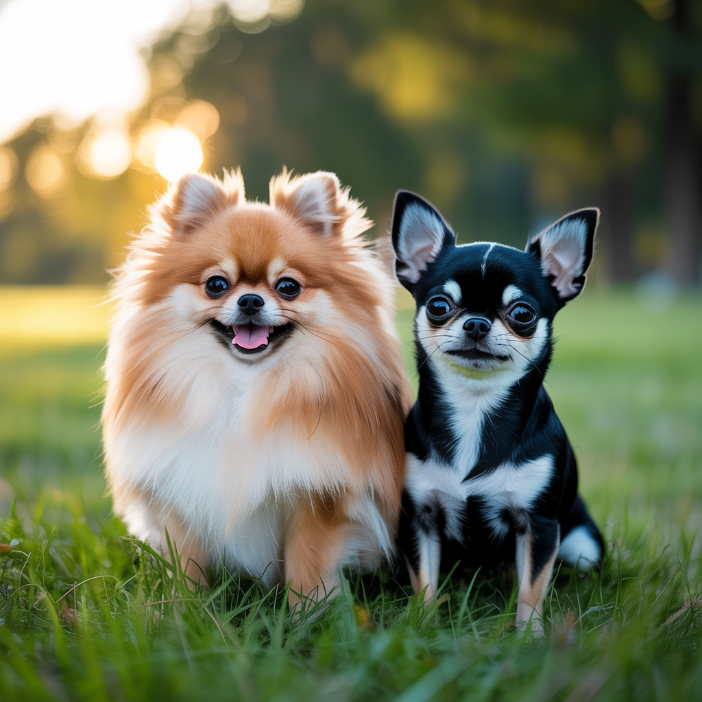A stunning photograph of a Pomeranian and a Chihuahua on a sunny day, capturing the essence of the two breeds in a natural setting. The image is designed to help viewers compare and consider which breed might be right for them, showcasing the distinctive features and charm of each dog without any text or advertisement elements.