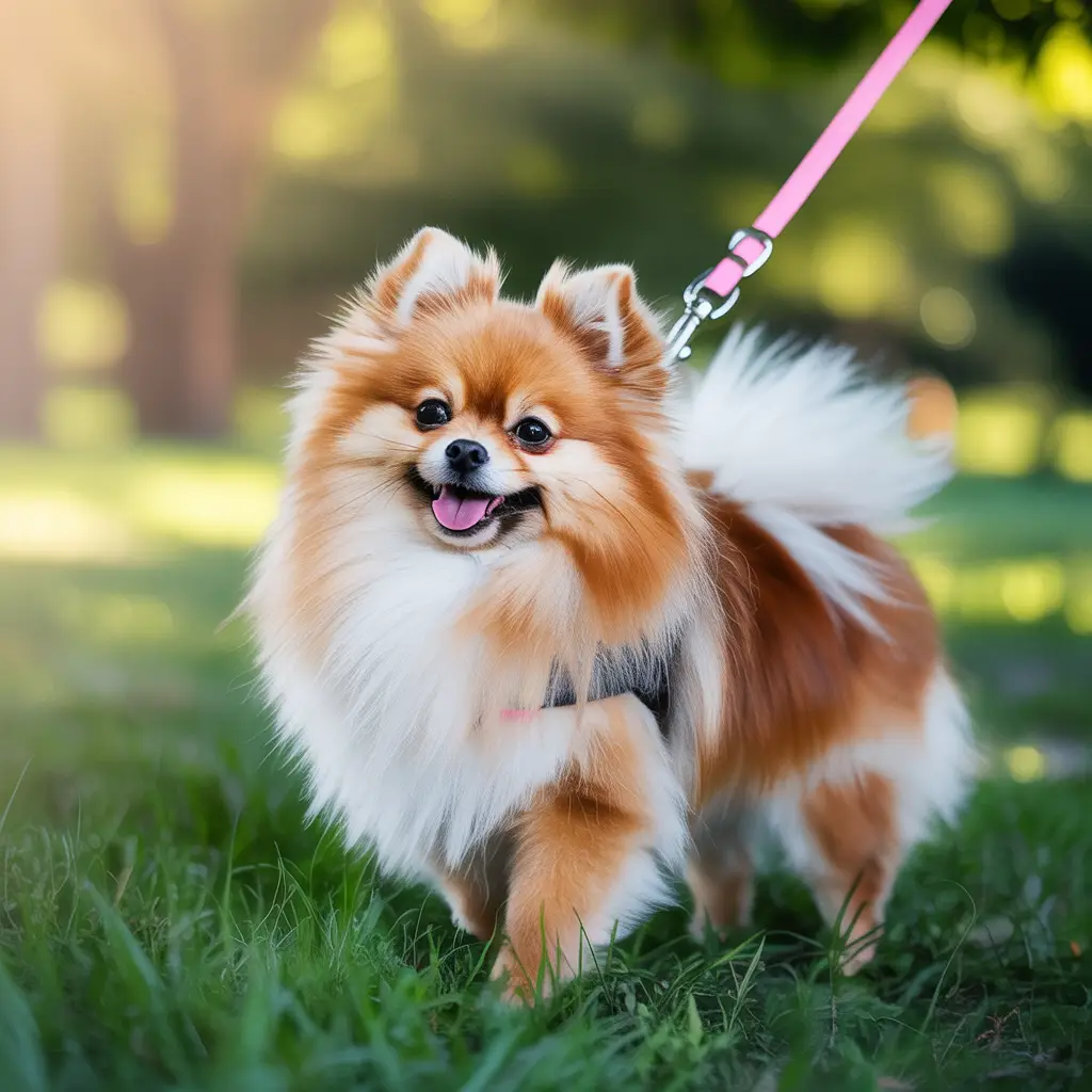 A stunning photograph of a Pomeranian being leash trained on a sunny day. The image focuses on the transformation from pulling to walking politely. The background shows a pleasant outdoor setting, highlighting the training process without any text or added effects.