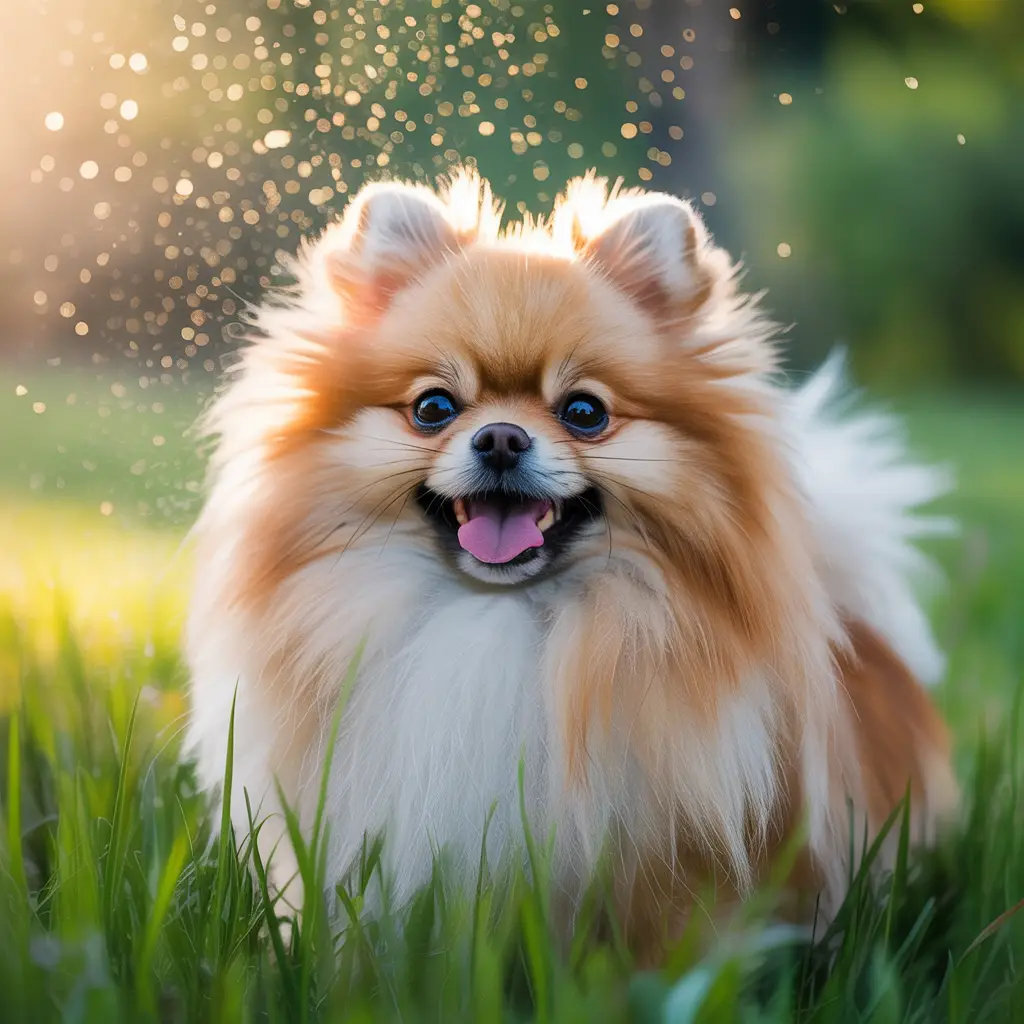 Stunning photograph of a Pomeranian outdoors on a sunny day, illustrating the concept of bathing frequency for the breed. The image does not include any text and is not a product advertisement.