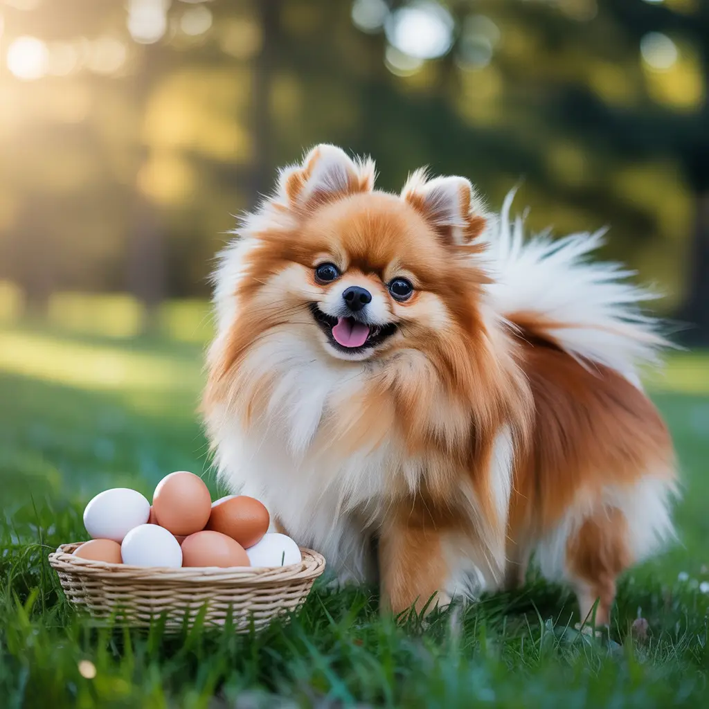 An image depicting a scene about whether Pomeranians can eat eggs. It's a stunning photograph taken on a sunny day, ensuring safety and simplicity without any text or advertisement elements.