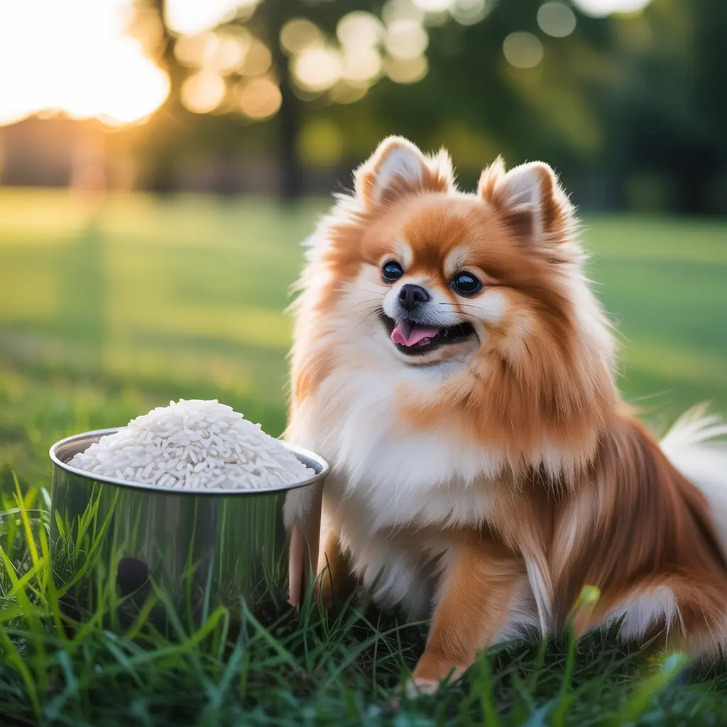 Create an image about: "Can Pomeranians Eat Rice? When It Helps and When It Doesn't." Stunning Photograph. It's a sunny day. No added text or words.
