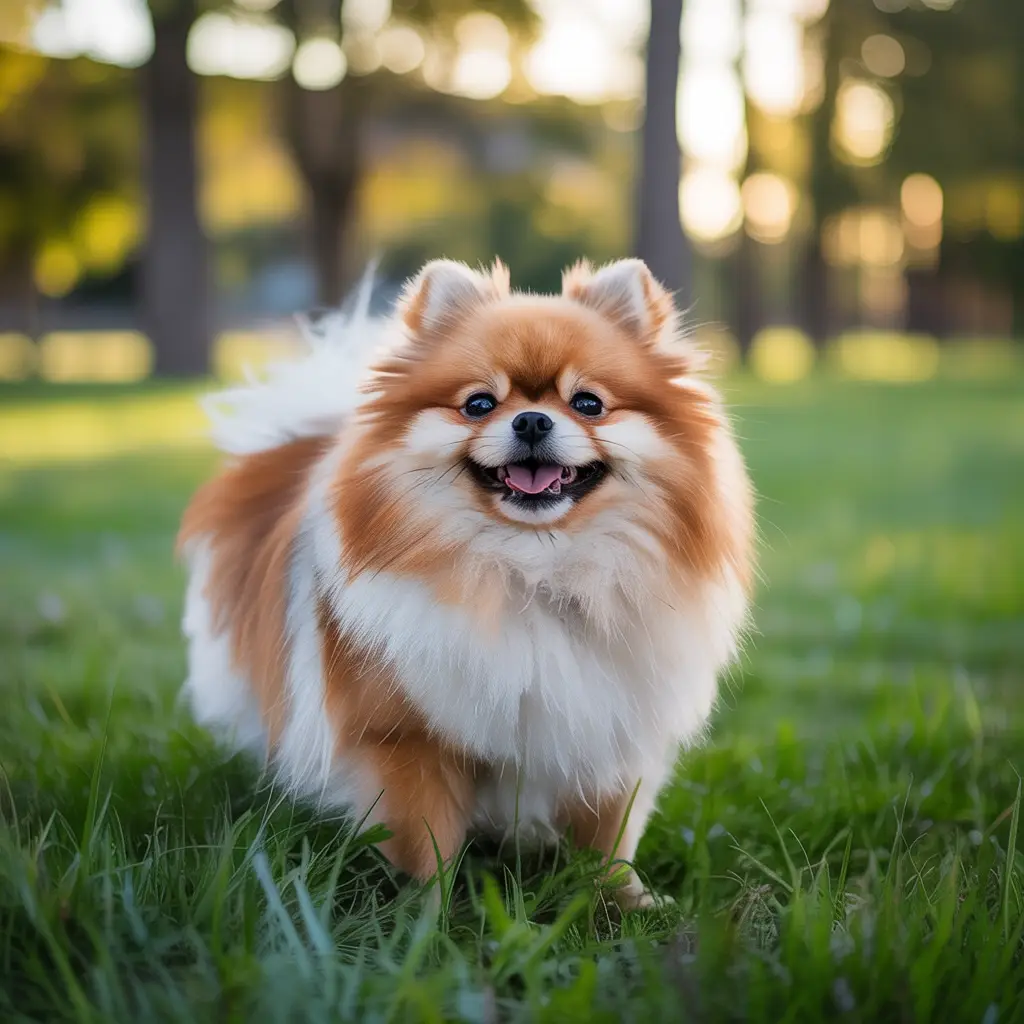 A stunning photograph of an overweight Pomeranian on a sunny day. The image captures the dog in a natural setting without any text or advertisements.