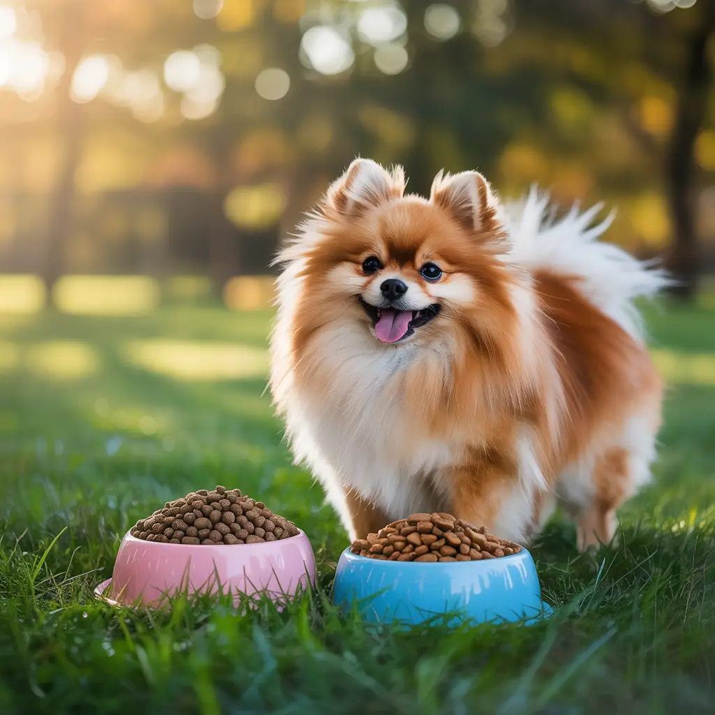 Stunning photograph depicting the best Pomeranian food bowls and slow feeders on a sunny day, without any added text or product advertisement.