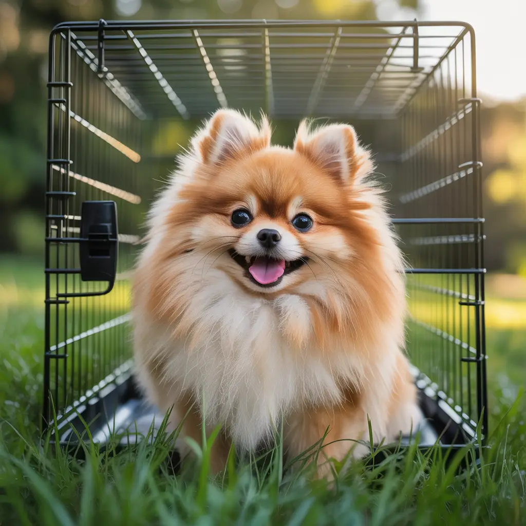 Photo of a Pomeranian enjoying a sunny day outdoors, highlighting the best crate sizes and styles suited for this breed without featuring any product advertisements.