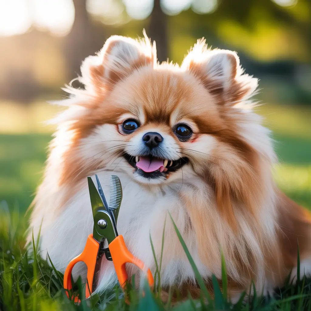 A stunning photograph of the best nail clippers for Pomeranians. The image captures the clippers in use, designed for ease and precision in grooming small dog breeds like Pomeranians. The scene is set on a sunny day to enhance natural light and shadows, with an emphasis on the tool's sleek design without appearing as a generic product advertisement.