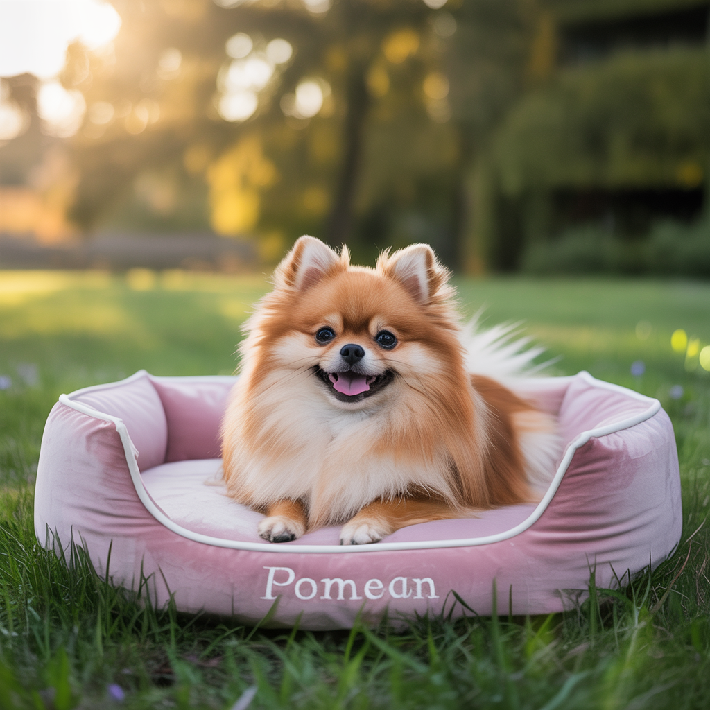 Alt Tag: Photograph of various Pomeranian beds in different sizes and styles, set in a sunny environment. No product advertisement elements, creating an inviting and natural scene perfect for showcasing the comfort and options available for Pomeranian dogs.