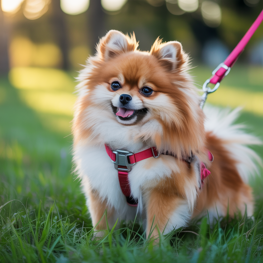A stunning photo of a Pomeranian, highlighting key aspects related to the signs and management of a collapsed trachea, as well as the importance of switching to a harness, set on a sunny day without any added text or product advertisements.